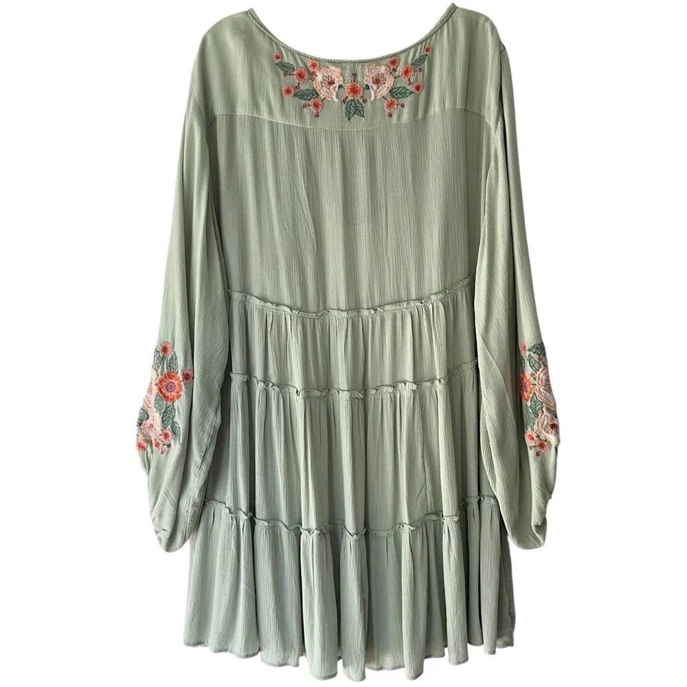FREE PEOPLE SPELL ON YOU EMBROIDERED DRESS EARTH SAGE TASSEL TIES LINED | LARGE